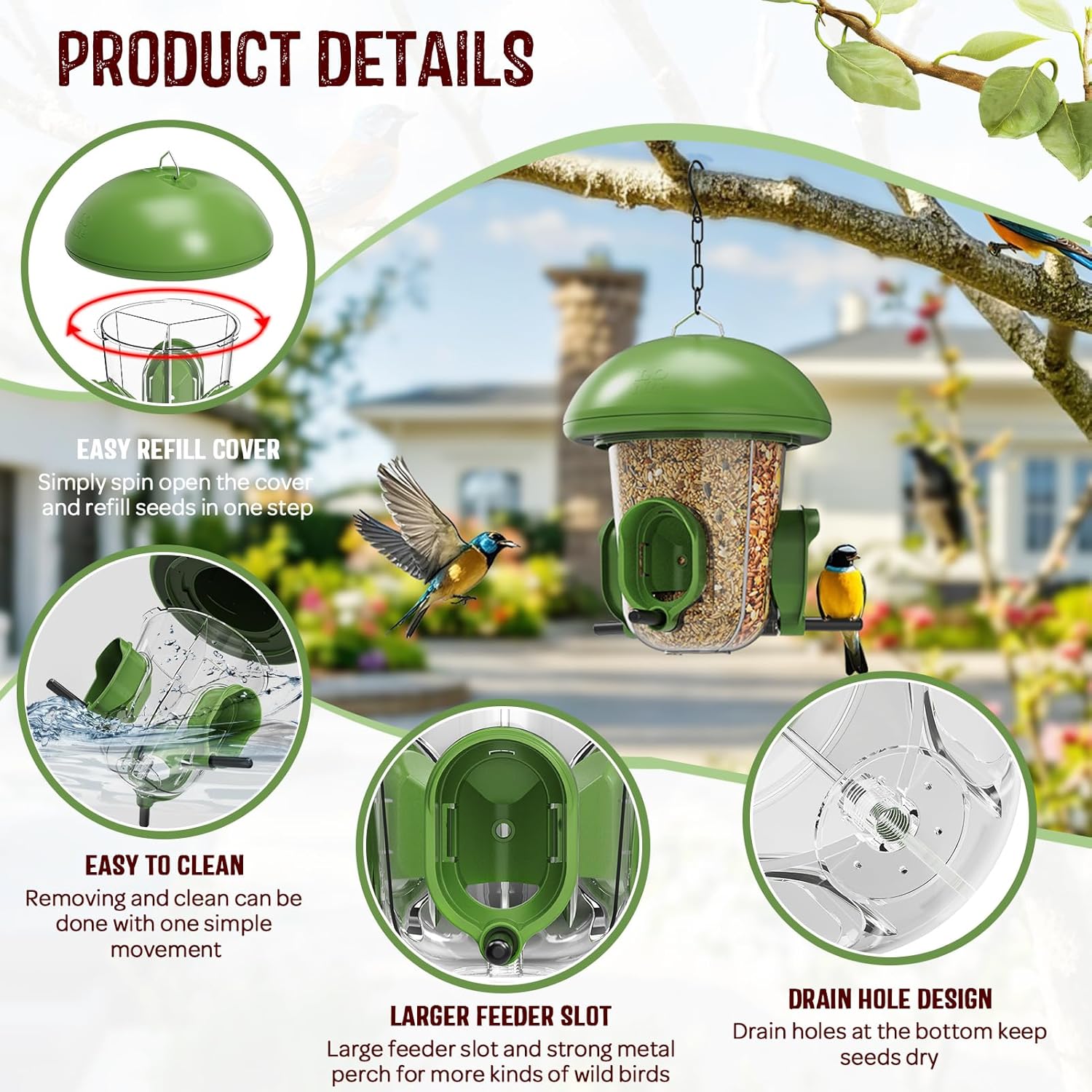 LONA Bird Feeders for Outdoors Hanging – 3 Separate Compartments, 3 Feeding Ports, Weatherproof Dome & 3 Ways to Hang, Large Capacity for Cardinals/Finches (Green