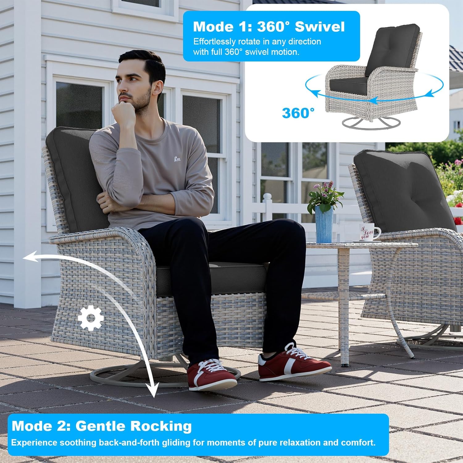 13-Piece Patio Furniture Set, Outdoor Patio Furniture with Swivel Chairs Set, Ottomans, 55,000 BTU Fire Pit Table, Modular Patio Sofa, Dual-Strand Wicker Rattan, Rust-Resistant Frame, Black