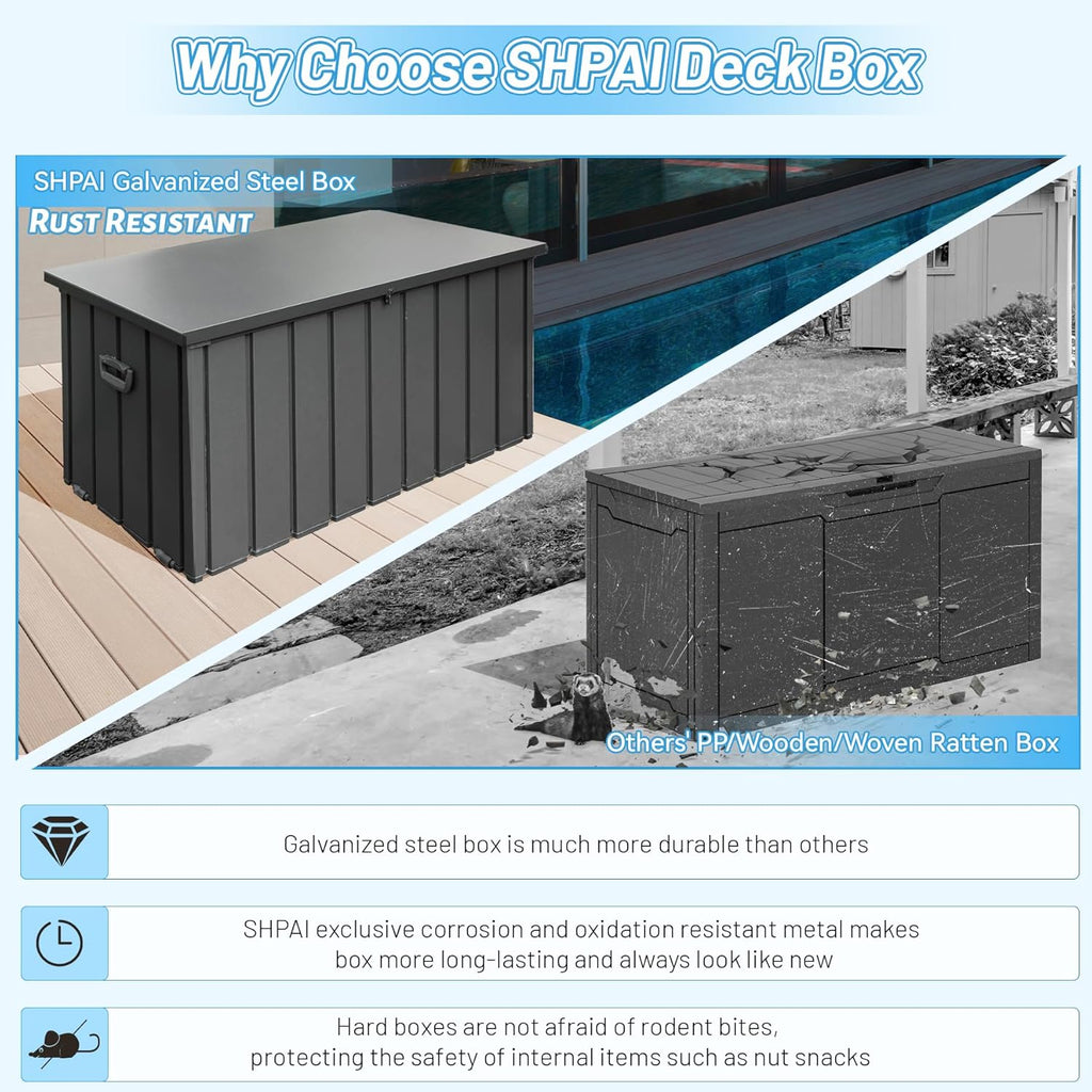 120 Gallon Metal Deck Box,Waterproof Outdoor Storage Box, Large Patio Furniture Storage Chest/Cabinet, Lockable Storage Bench for Porch Package Delivery,Cushions,Tools, Pool, Grey