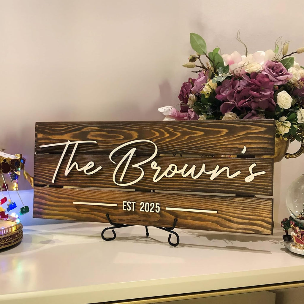 Wooden Name Sign Personalized and Custom, Solid Rustic Wood, Wedding Gifts for Couples, Home, Office, Family Last Name Established Signs, Est. Date Sign 23x10"