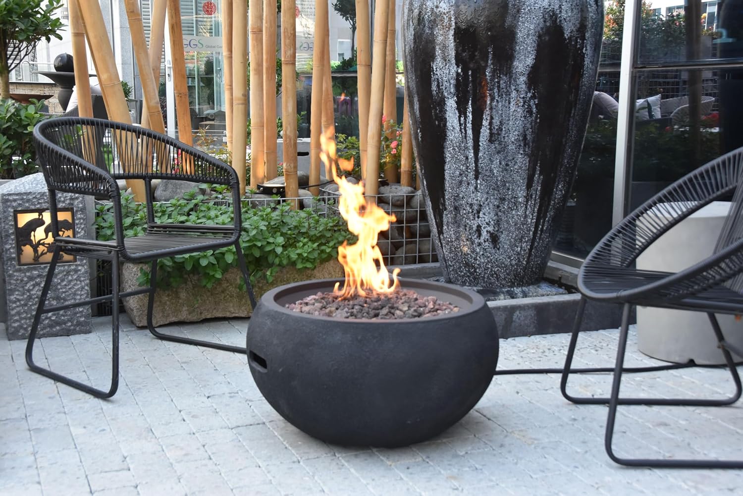 AMS Fireplace | Modeno York Package | Black Natural Gas Fire Pit Table for Outside Patio Bundle with SS Burner Lid | Free Ice Bucket