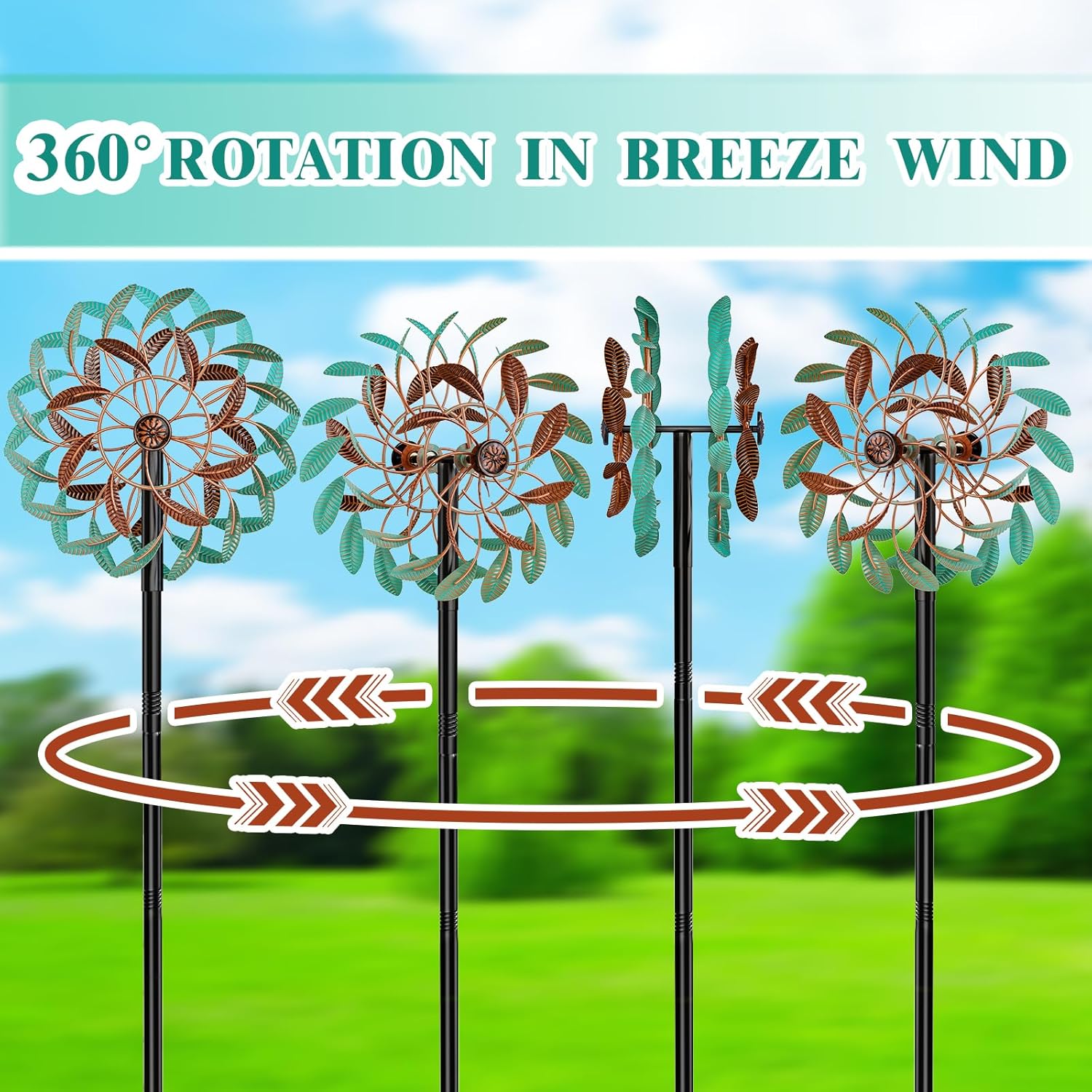360° Wind Spinners Outdoor, Wind Sculptures Windmill with Metal Stake, Kinetic Large Metal Yard Art Decor Spinners Pinwheels for Garden Outside Patio Lawn, 63.2 * 13.2"