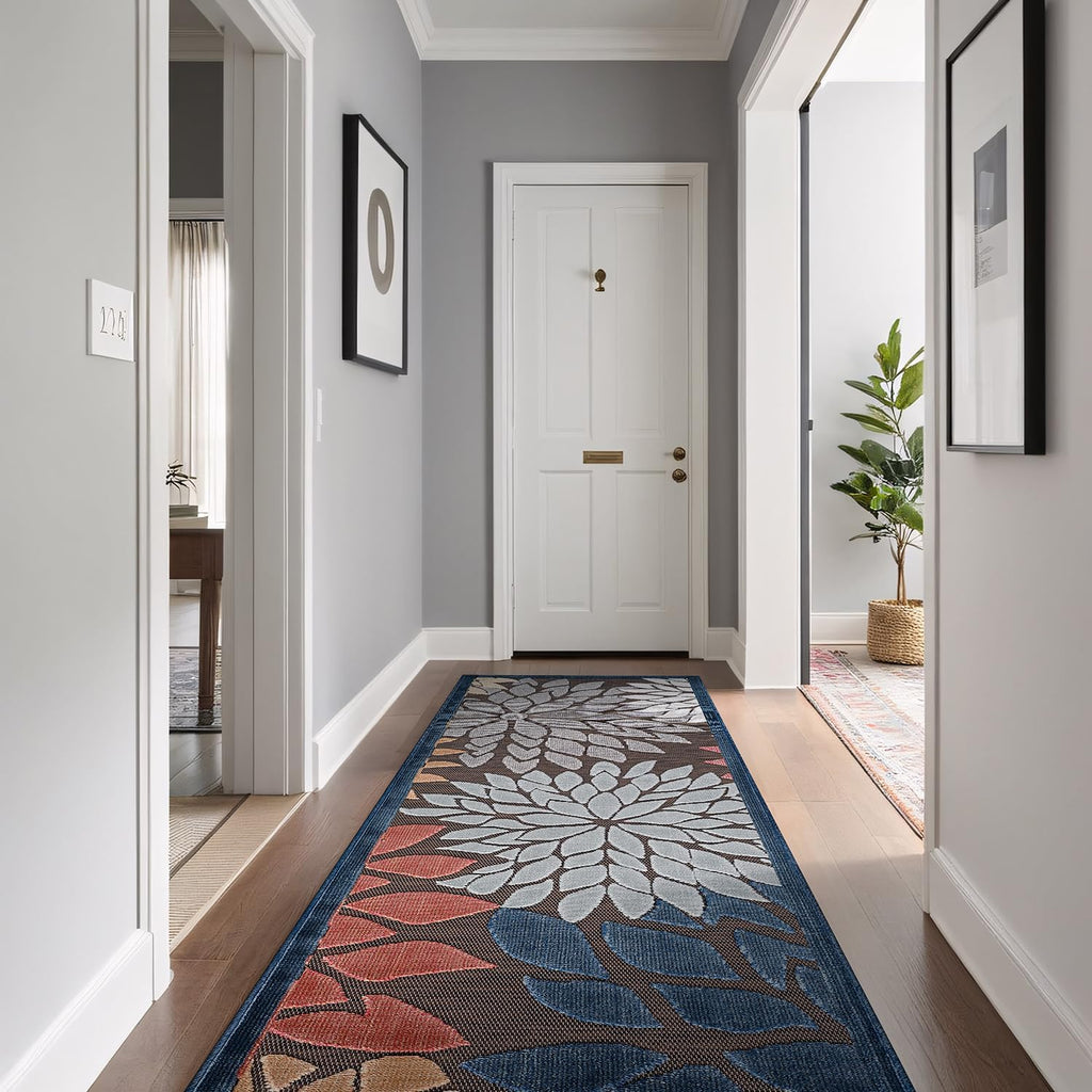 Beverly Rug Outdoor Runner Rug 2x7 Modern Floral Tropical Area Rugs for Indoor and Outdoor Patio Easy to Clean Non Shedding Living Room Porch Garden Washable Outside Carpet (2 x 7 Brown)