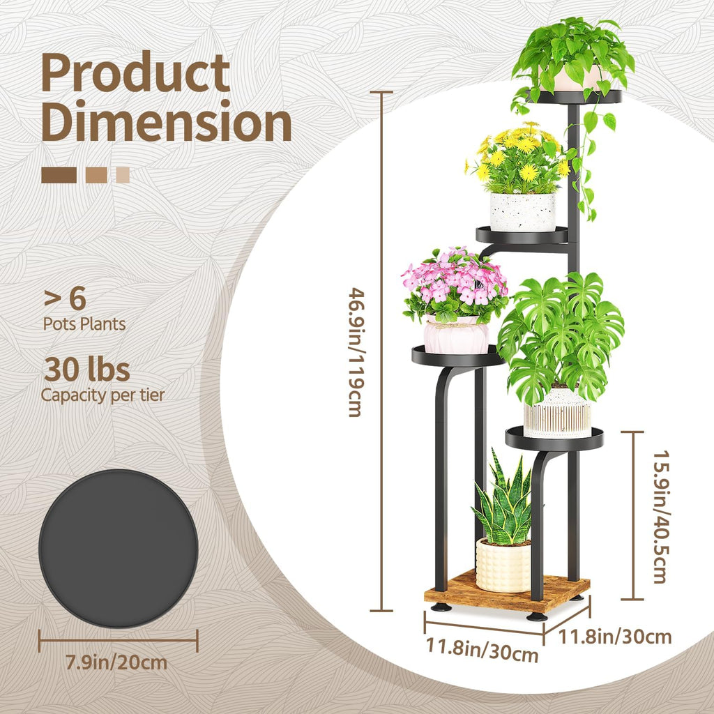 LASZOLA Black 5 Tiered Tall Plant Stand Indoor with Heavy Duty Metal Tray, Large Multi Level Vertical Planter Rack for Narrow Corner, Sturdy Rustic Tall Orchid Flower Shelving Holder for House Decor