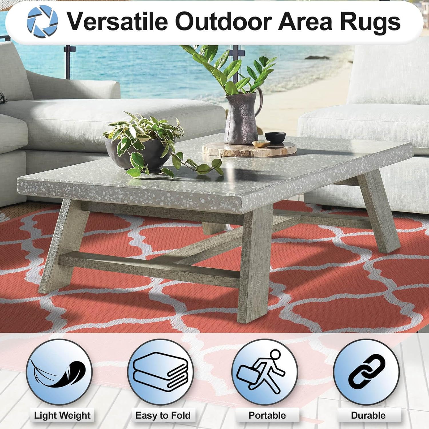 OutdoorLines Outdoor Plastic Area Rug for Patio 5x8 ft - Reversible Outside Carpet, Stain & UV Resistant RV Mats, Straw Rug for Camping, Deck Garden, Porch and Balcony, Moroccan/Orange & Light Grey