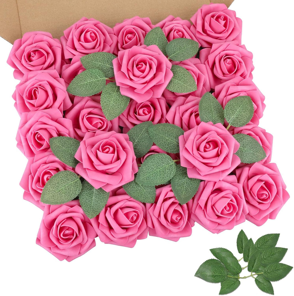 AmyHomie 25pcs Real Looking Artificial Hot Pink Roses w/Stem for DIY Wedding Bouquets Centerpieces Arrangements Party Baby Shower Home Decorations