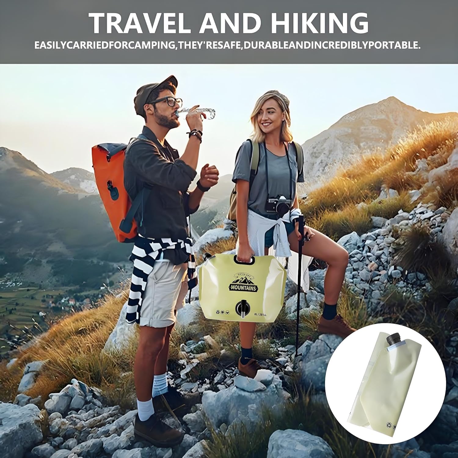 Collapsible 8L Water Storage Bag, BPA-Free Portable Folding Water Jug with Adjustable Faucet, Leakproof Emergency Water Bag for Camping, Hiking, Riding, Outdoor Sport (BEIGE & GREEN, 2)