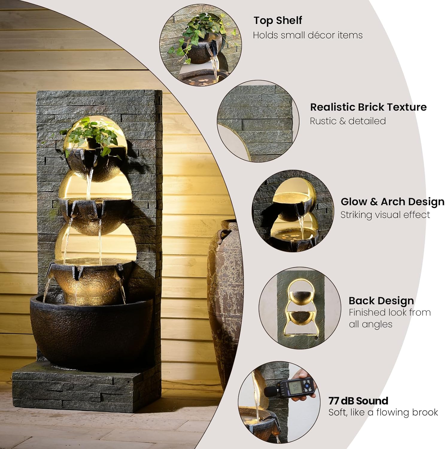 43" H Water Fountain Outdoor Garden - Large Waterfall Tiered Freestanding Cascade Bowl Fountains with LED Strips for Patio Backyard Deck Porch Home Decor, Brown