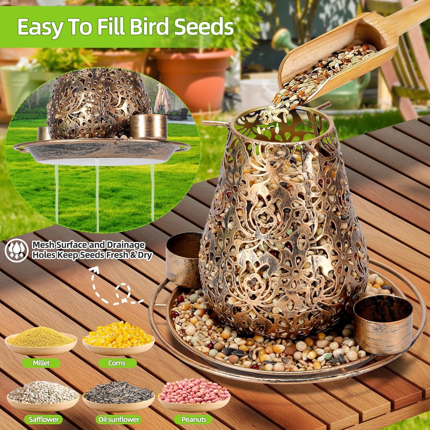 Mushroom Solar Bird Feeders for Outdoors Hanging Metal Wild Bird Feeder Garden Lantern with S Hook for Garden Decoration Brown