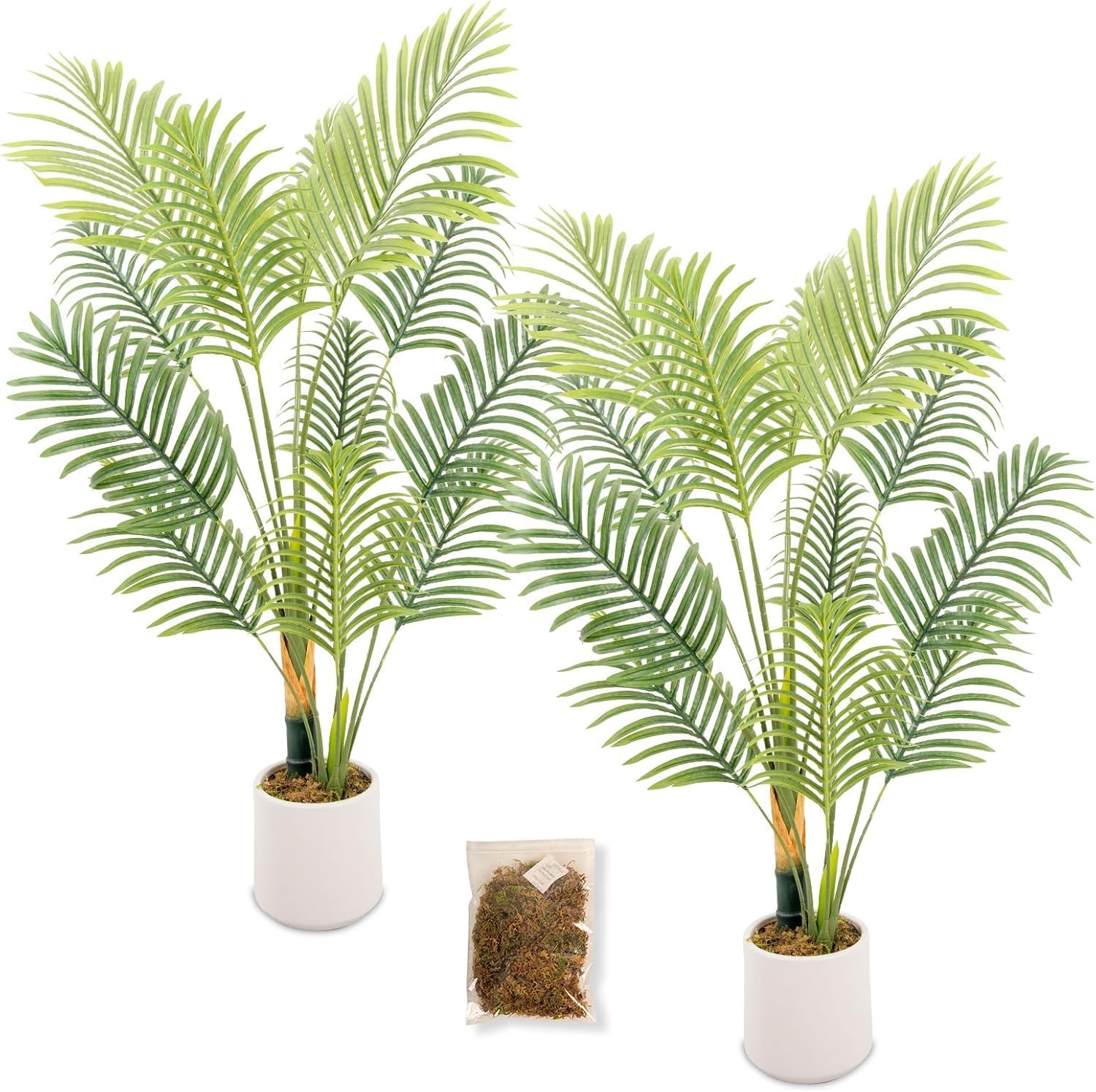 Artificial Fake Palm Tree 4FT 2Pack with White Planter & Free Moss, UV Resistant Artificial Palm Tree for Outdoors, Fake Plants for Poolside Home Room Decor, Faux Plants Outdoor Decor