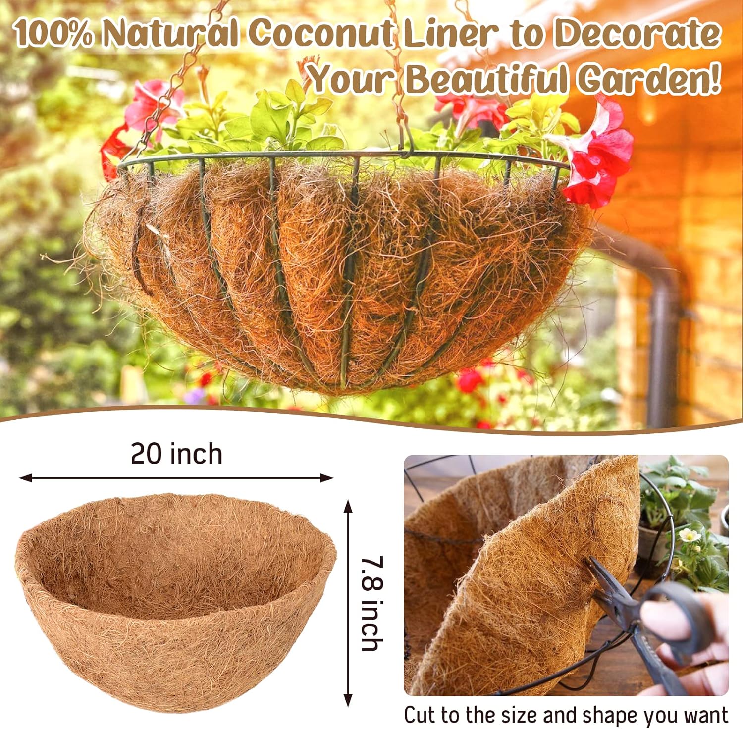 Legigo 3 Pack 20 Inch Hanging Basket Coco Liners Replacement, 100% Natural Round Coconut Coco Fiber Planter Basket Liners for Hanging Basket Flowers/Vegetables