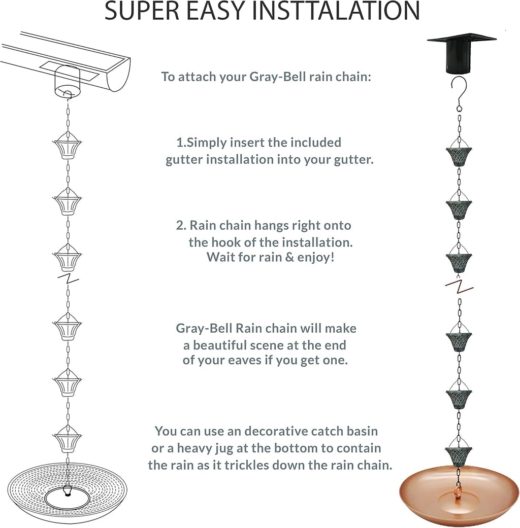 8.5FT Bell Iron Rain Chains for Gutter and Rain Barrel, Rust-Resistant Plated Garden Décor for Downspout, Bonus Rain Chain Gutter Adapter (Antique-Gray)