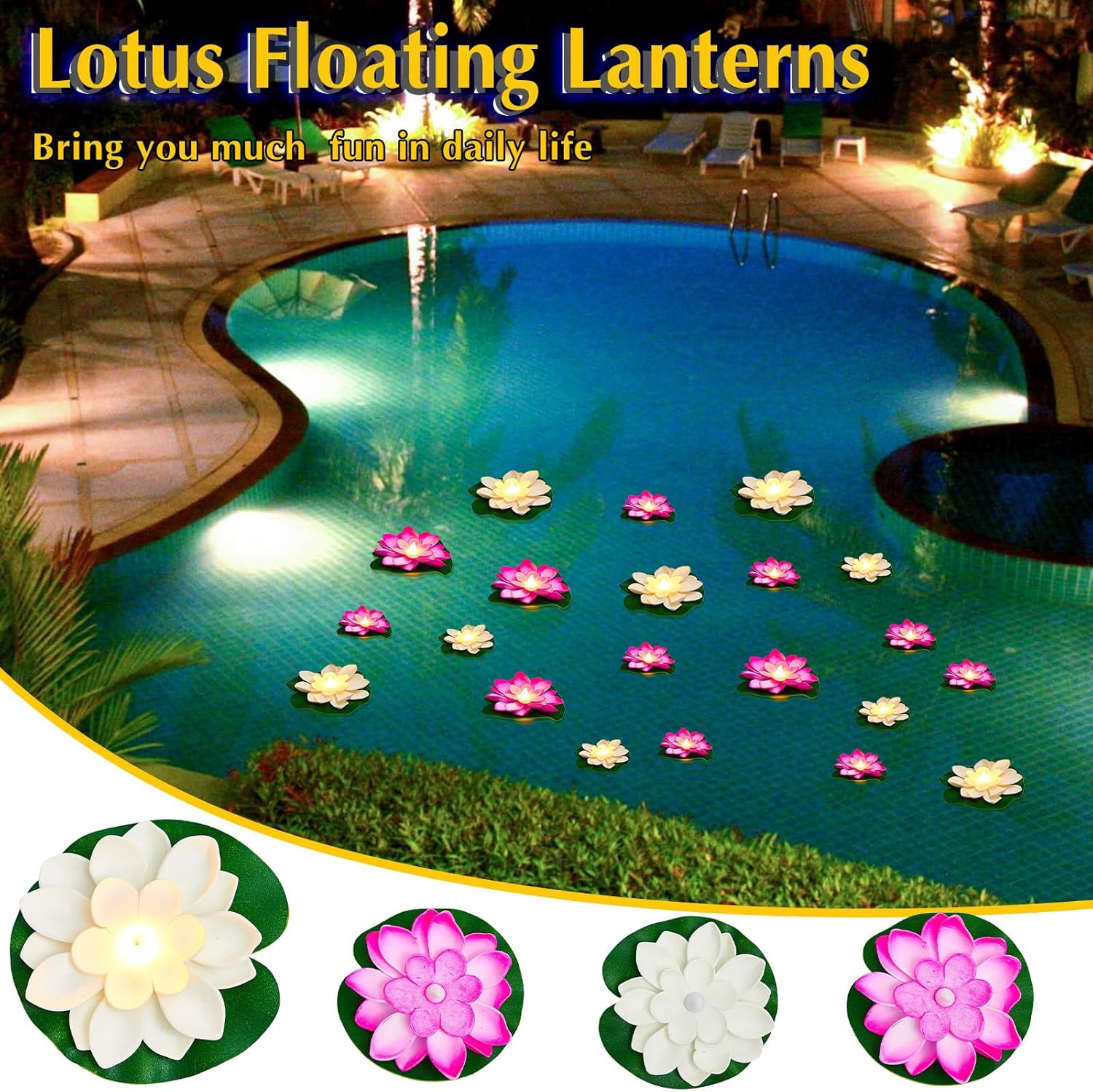 Liliful 24 Pcs Diwali Lotus Decoration Pool Floating Lights, Artificial Flowers Lotus with LED,Lily Pads Water Lantern for Indian Puja Home Decoration(3.94 Inch, 5.91 Inch,White, Pink)