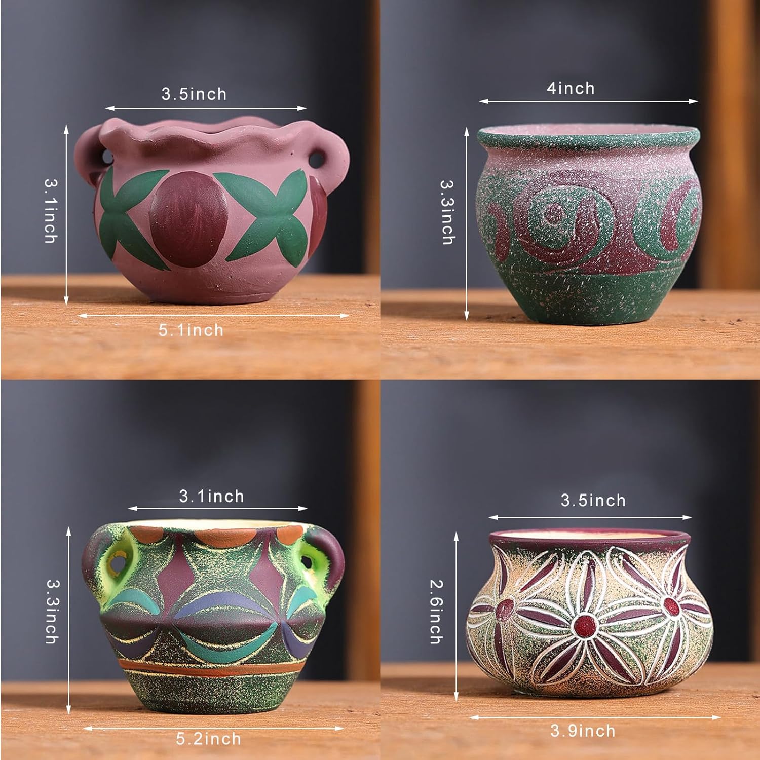 4 Piece Ceramic Plant Pots Indoor Pots Set with Drainage Holes, Rustic Colorful Decorative Flower Pots for Indoor&Outdoor Little Plants, Cute Cactus/Bonsai Plant Pots
