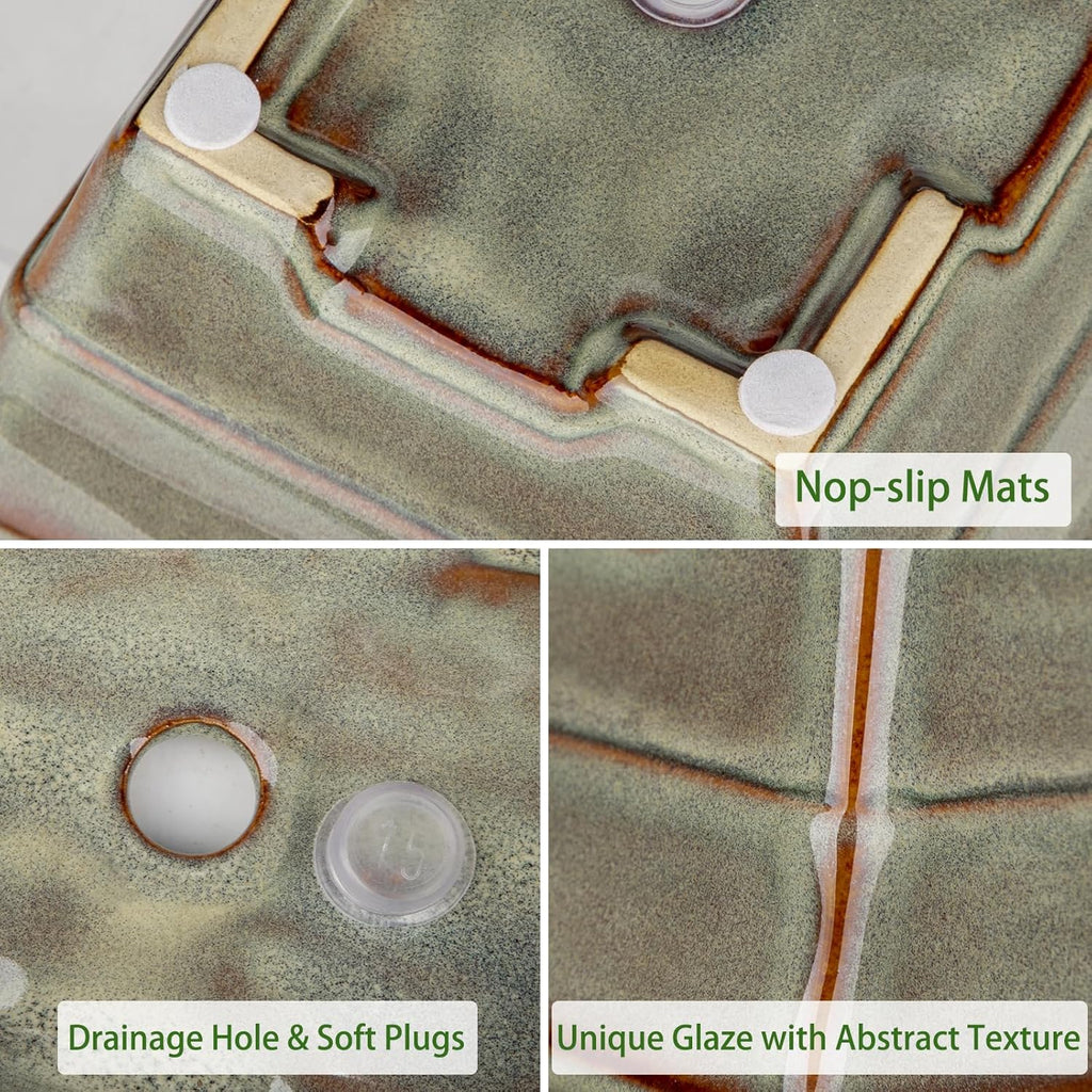 Ceramic Bonsai Pots with Drainage Tray, Set of 2 Rectangular Glazed Bonsai Planters for Indoor/Outdoor Use, Shallow Brown Bonzai Tree Pots for Succulent, Orchids, Cacti, Home, Patio, Garden, 7.5"x5.5"