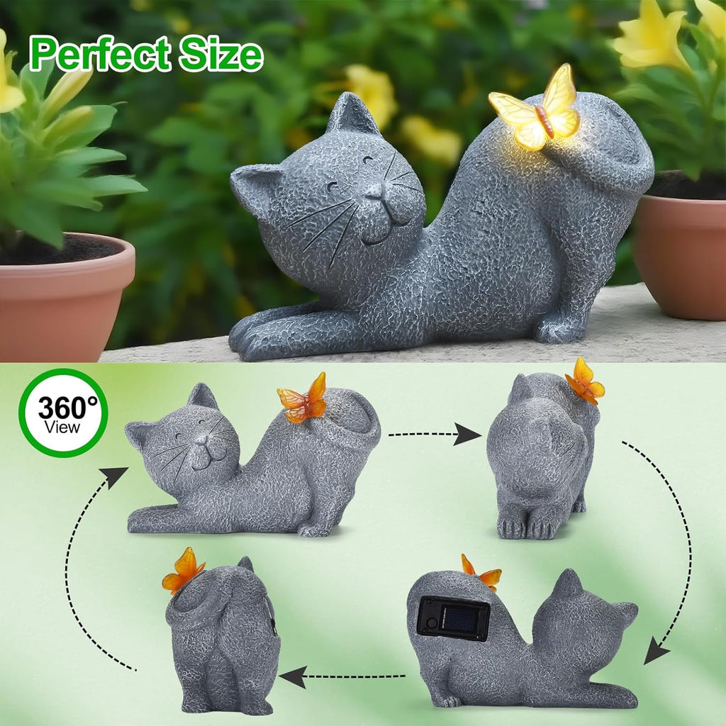 Cute Solar Cat Garden Statue with Lighted Butterfly, Outdoor Waterproof Resin Cat Figurine for Yard Lawn Patio Porch, Solar Powered Garden Decor and Gift for Cats Lovers
