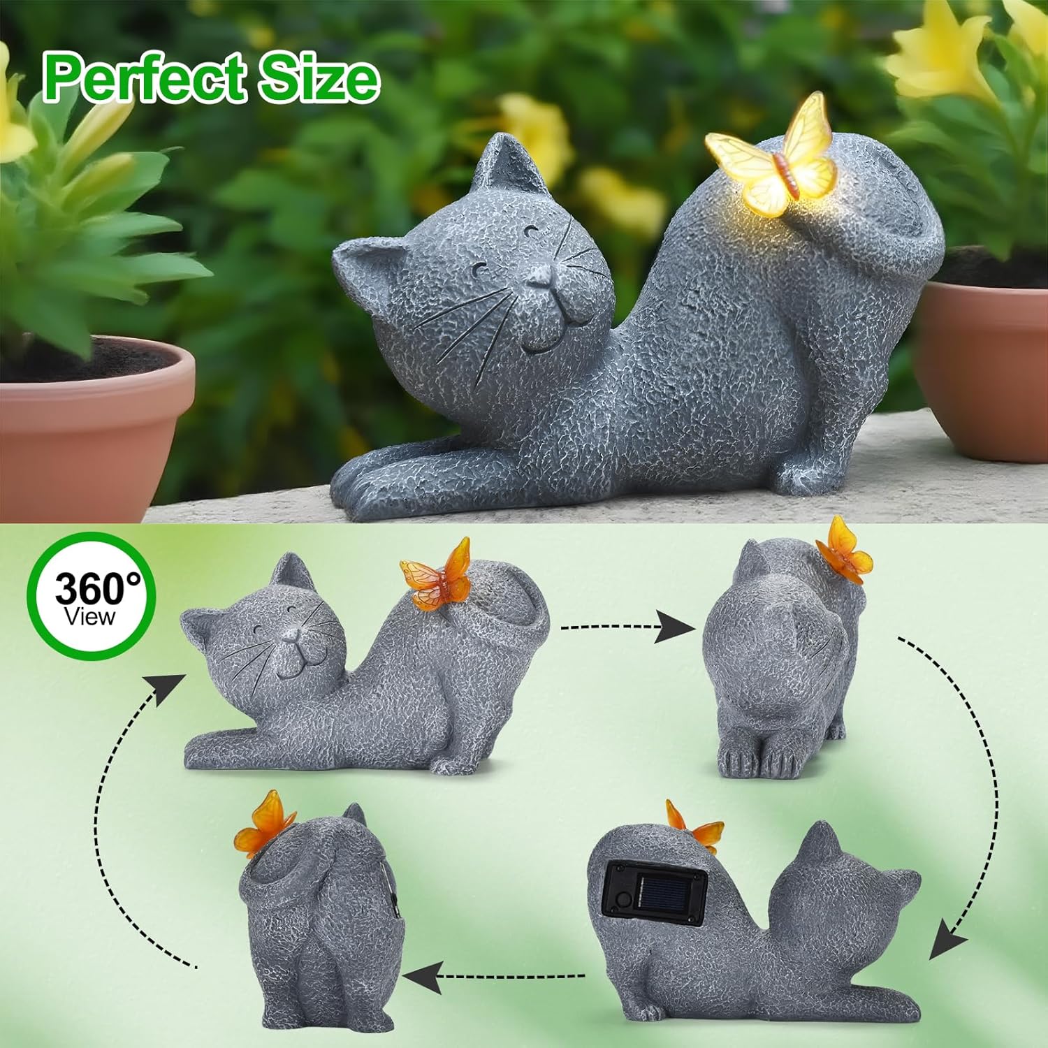 Cute Solar Cat Garden Statue with Lighted Butterfly, Outdoor Waterproof Resin Cat Figurine for Yard Lawn Patio Porch, Solar Powered Garden Decor and Gift for Cats Lovers