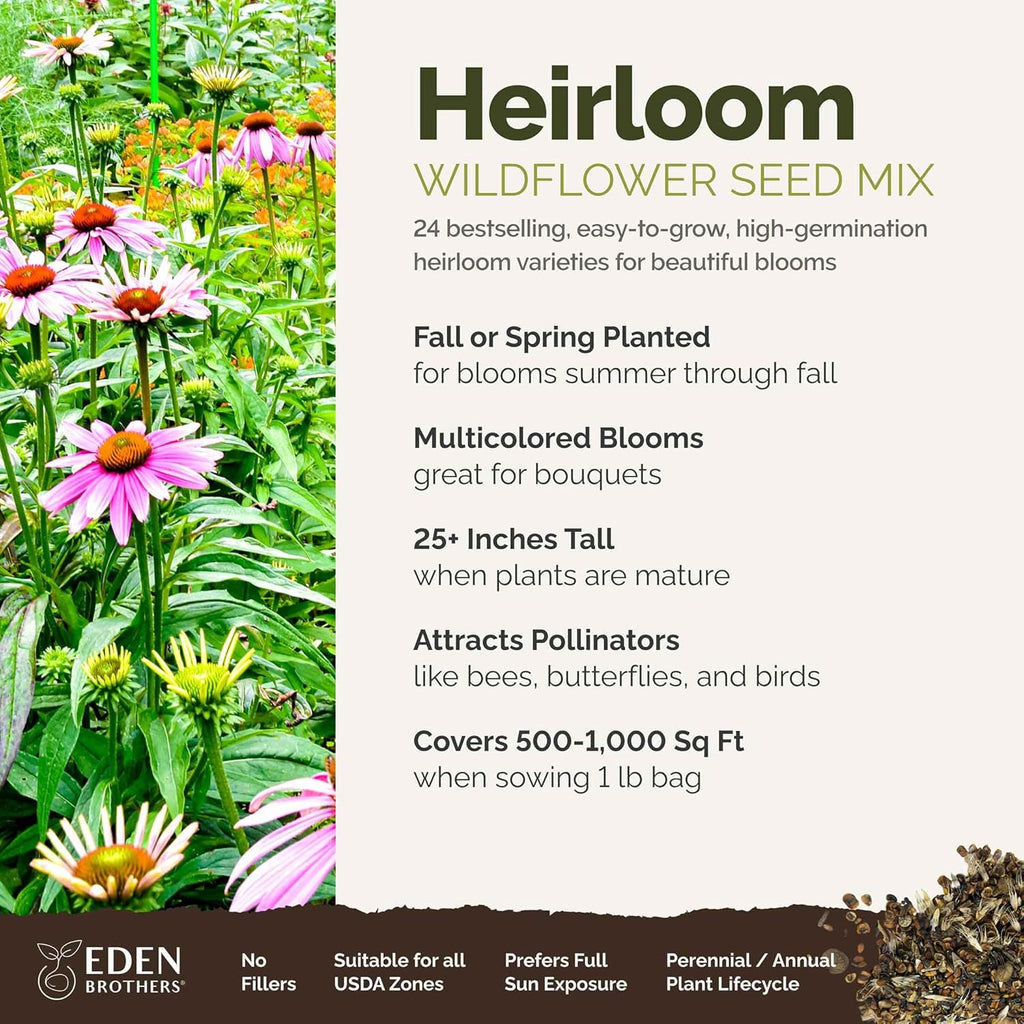 Eden Brothers Heirloom Flower Mixed Seeds for Planting, 1 lb, 480,000+ Seeds with Zinnia, Toadflax, Evening Primrose | Attracts Pollinators, Plant in Spring or Fall, Zones 3, 4, 5, 6, 7, 8, 9, 10