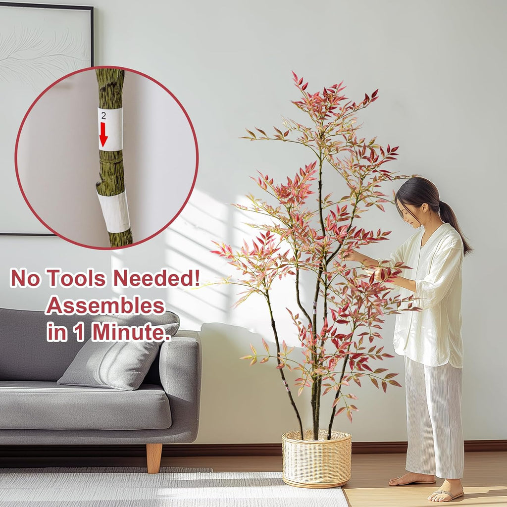 6ft Faux Bamboo Tree Artificial Nandina Tree Artificial Indoor Plants Realistic Fake Potted Tree with 800+ Leaves, Cement Planter - Home Office Decor Perfect for Housewarming Gift Non-Toxic