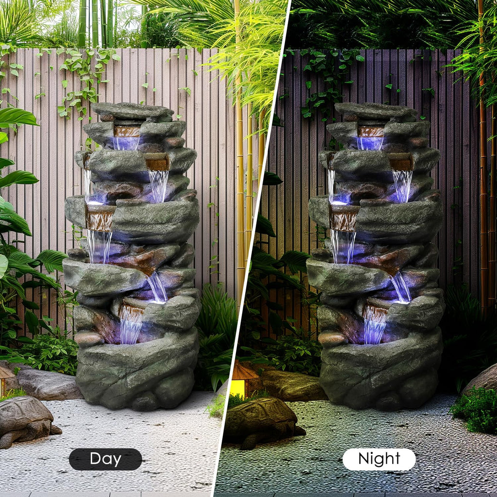 SunJet 40.5” High Rocks Outdoor Water Fountain - 6-Tiers Cascading Waterfall with LED Lights, Soothing Tranquility for Home Garden, Yard Decor