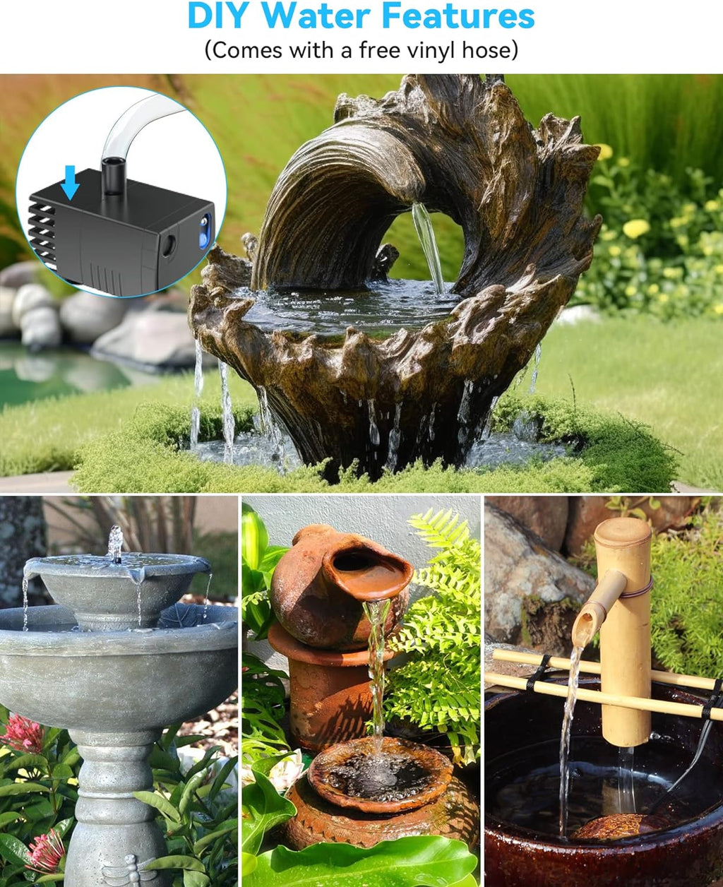 POPOSOAP Modern Black Solar Bird Bath Fountain Pump, 6W, 60GPH, 5 Nozzles, 9.84ft Cable, 4ft Tubing