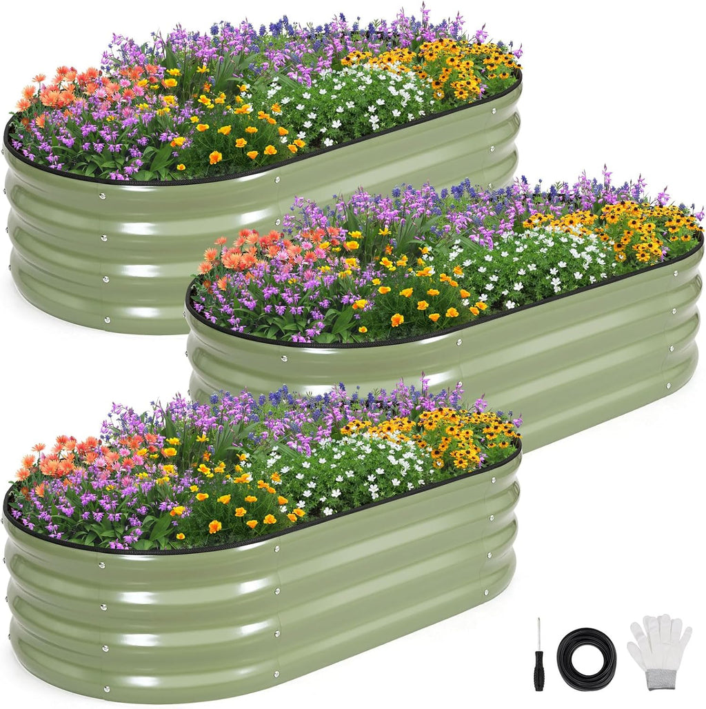 INNO STAGE 3Pcs Galvanized Raised Garden Bed Kit, Outdoor Metal Raised Garden Beds for Vegetables, Rust-Resistant & Easy Assembly, 4x2x1ft Oval Raised beds for Gardening, Flowers, Herbs (Olivergreen)
