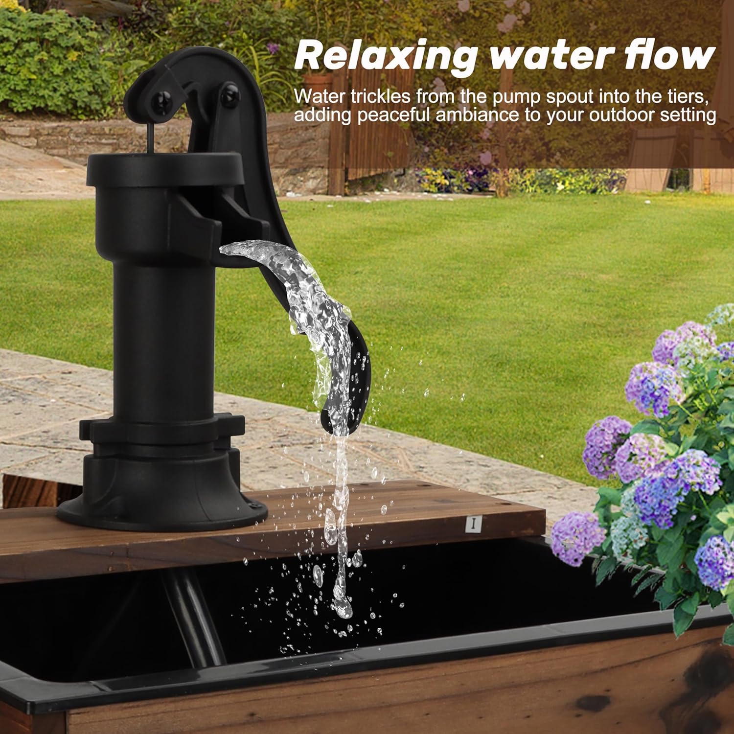 Outdoor Floor Wooden Rectangular Pump Water Fountain,Old-Fashioned Fountain with Flower Box,Electric Decorative Hand Pump, Outdoor Water Feature for Garden Patio Backyard