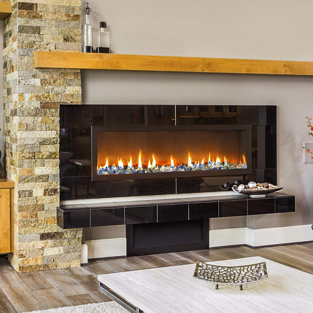 Mr. Fireglass 10 Pounds Blended Fire Glass - 1/4 Inch Mixed Colored High Luster Reflective Tempered Glass Rocks for Fireplace Fire Pit Table Fireplace and Landscaping, Aqua Blue+Cobalt Blue+Platinum