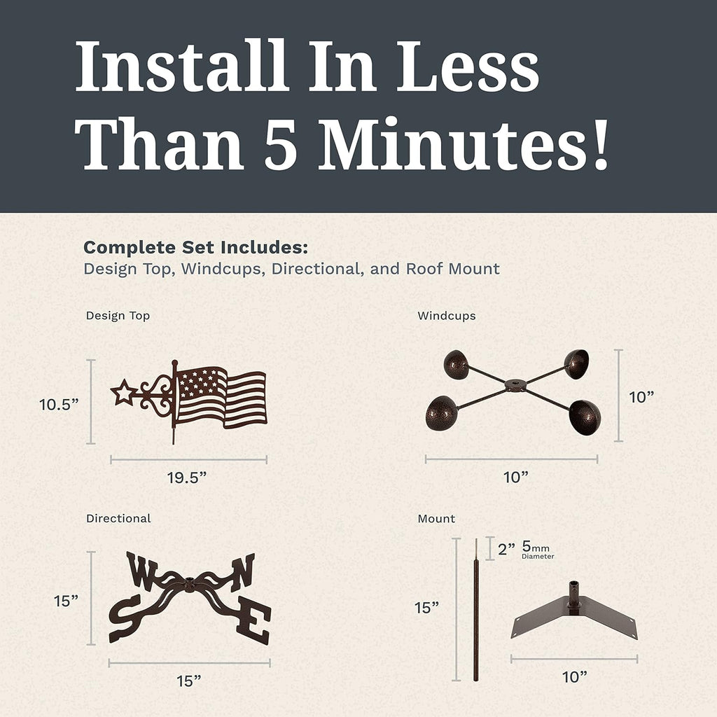 EZ Vane Steel USA Flag Weathervane 21” Height, Includes Metal Roof Mount, Wind Cups & Brackets | Hand-Crafted and Family-Owned, Made in The USA with Triple Powder Coating, Limited