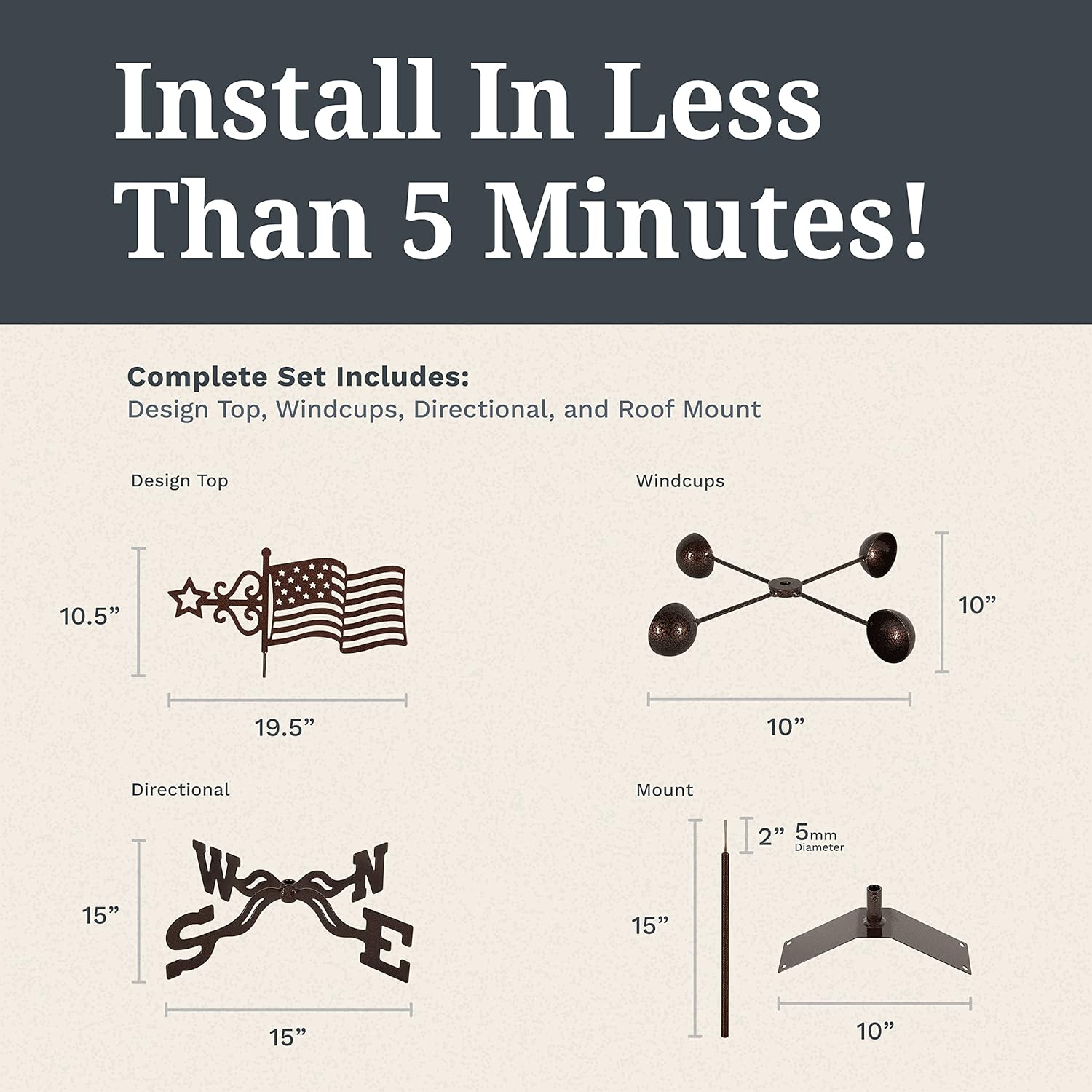 EZ Vane Steel USA Flag Weathervane 21” Height, Includes Metal Roof Mount, Wind Cups & Brackets | Hand-Crafted and Family-Owned, Made in The USA with Triple Powder Coating, Limited