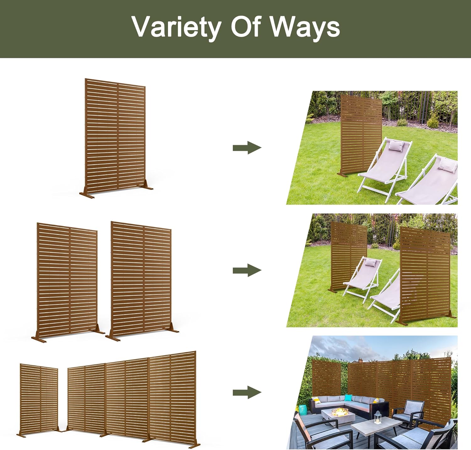 Metal Privacy Screen Outdoor 72" H×47" W, Freestanding Decorative Privacy Screen for Balcony Yard&Garden,Privacy Fence-Brown&Louvered