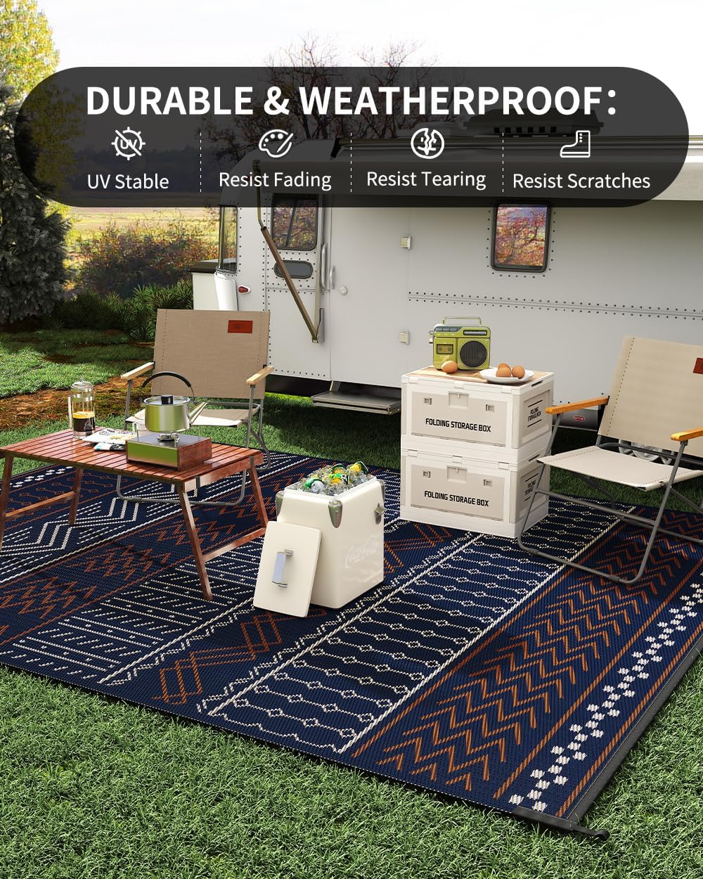 Outdoor Rug Carpet Waterproof 8x10 ft Patio Rug Mat Indoor Outdoor Area Rug for RV Camping Picnic Reversible Lightweight Plastic Straw Outside Rug for Patio Decor Decoration Boho Rug Navy Red