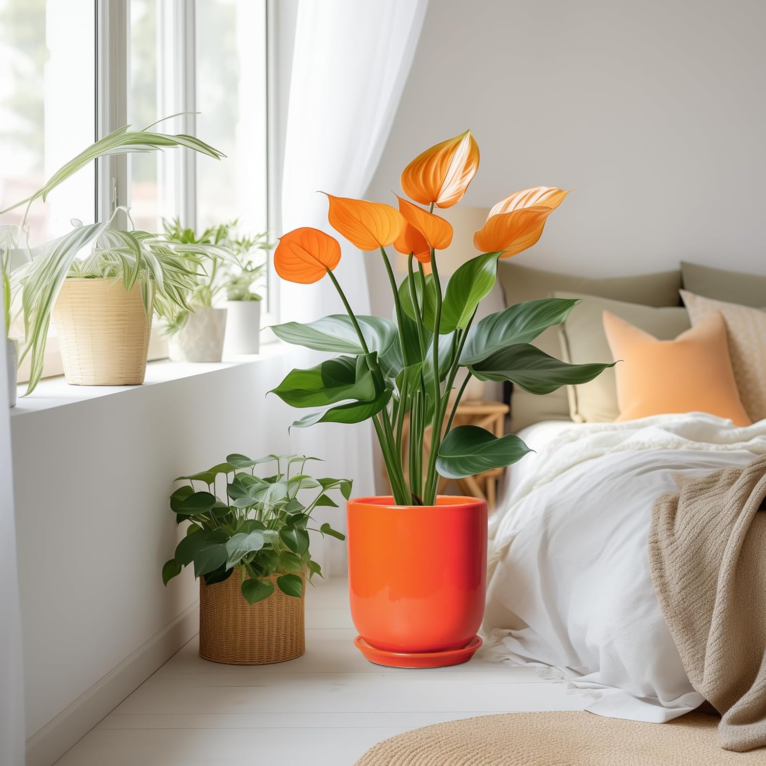 Indoor Planter 10 Inch - Ceramic Plant Pot with Drainage Hole and Saucer, Modern Decorative Round Planter for Indoor Outdoor Plants, Housewarming Gifts, Home Garden Office Decor, Orange