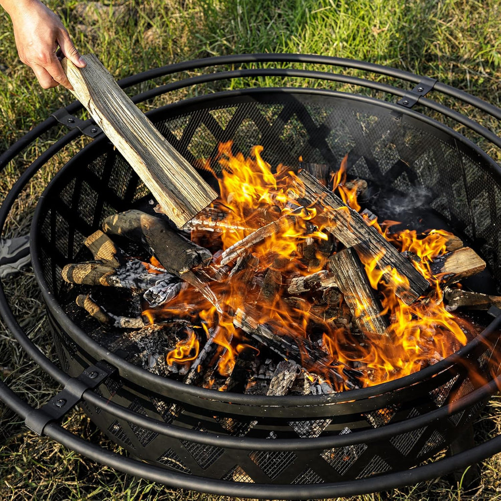 42 Inch Wood Burning Fire Pit with 2 Loops, Outdoor Fire Pit with Spark Screen & Fire Poker, Cross Weave Firepit for Outside Fireplace Bonfire for Yard,Patio, Garden