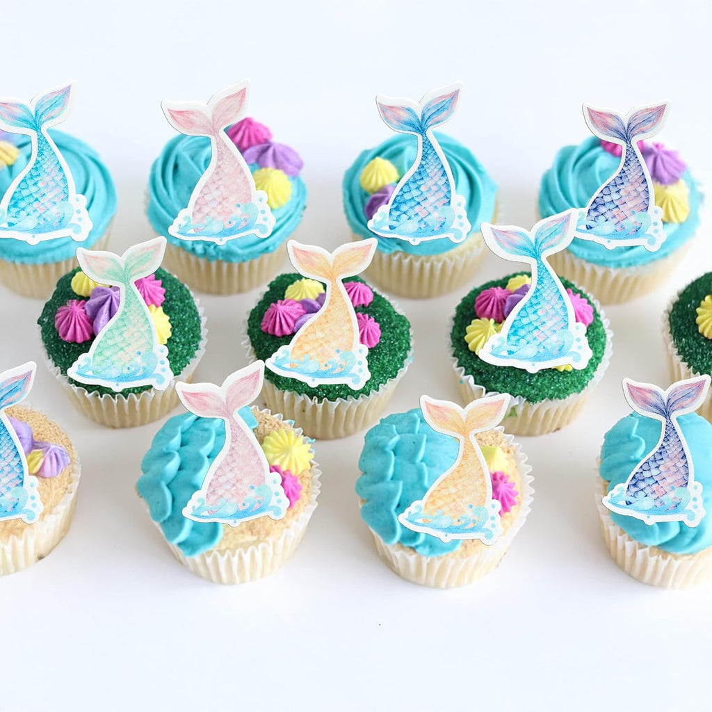 Ephlyn 54Pcs Edible Mermaid Tail Cupcake Toppers Wafer Paper Mini Under the Sea Mermaid Tail Cake Topper Decoration for Ocean theme Birthday Party Supplies Pink Blue Purple