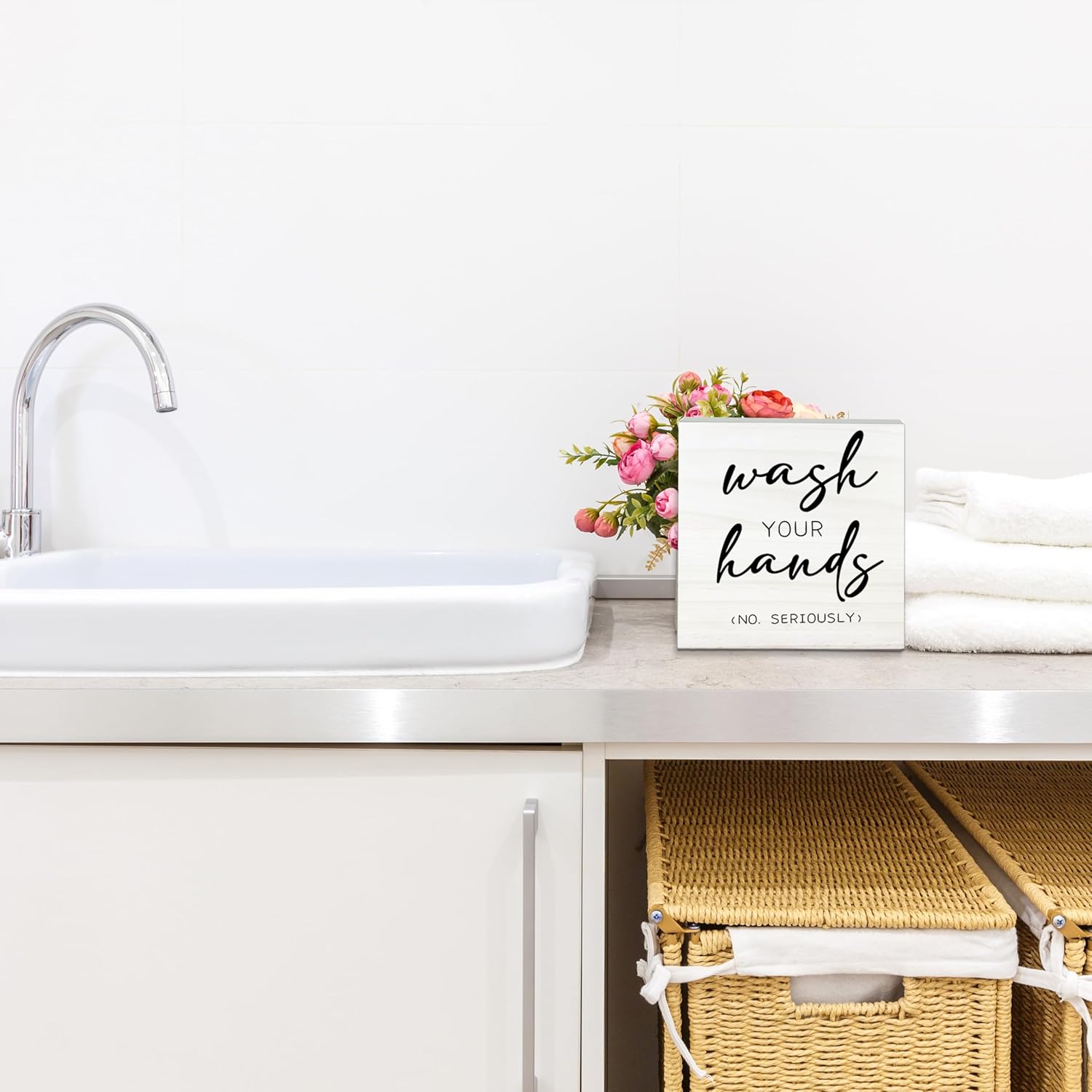 Wash Your Hands No Seriously Wooden Sign - Funny White Block Plaque Desk Decoration-5x5 inches Rustic Wood Block Gifts For Friends Family Coworkers-Restroom Bathroom Tabletop Favors & Supplies-A05