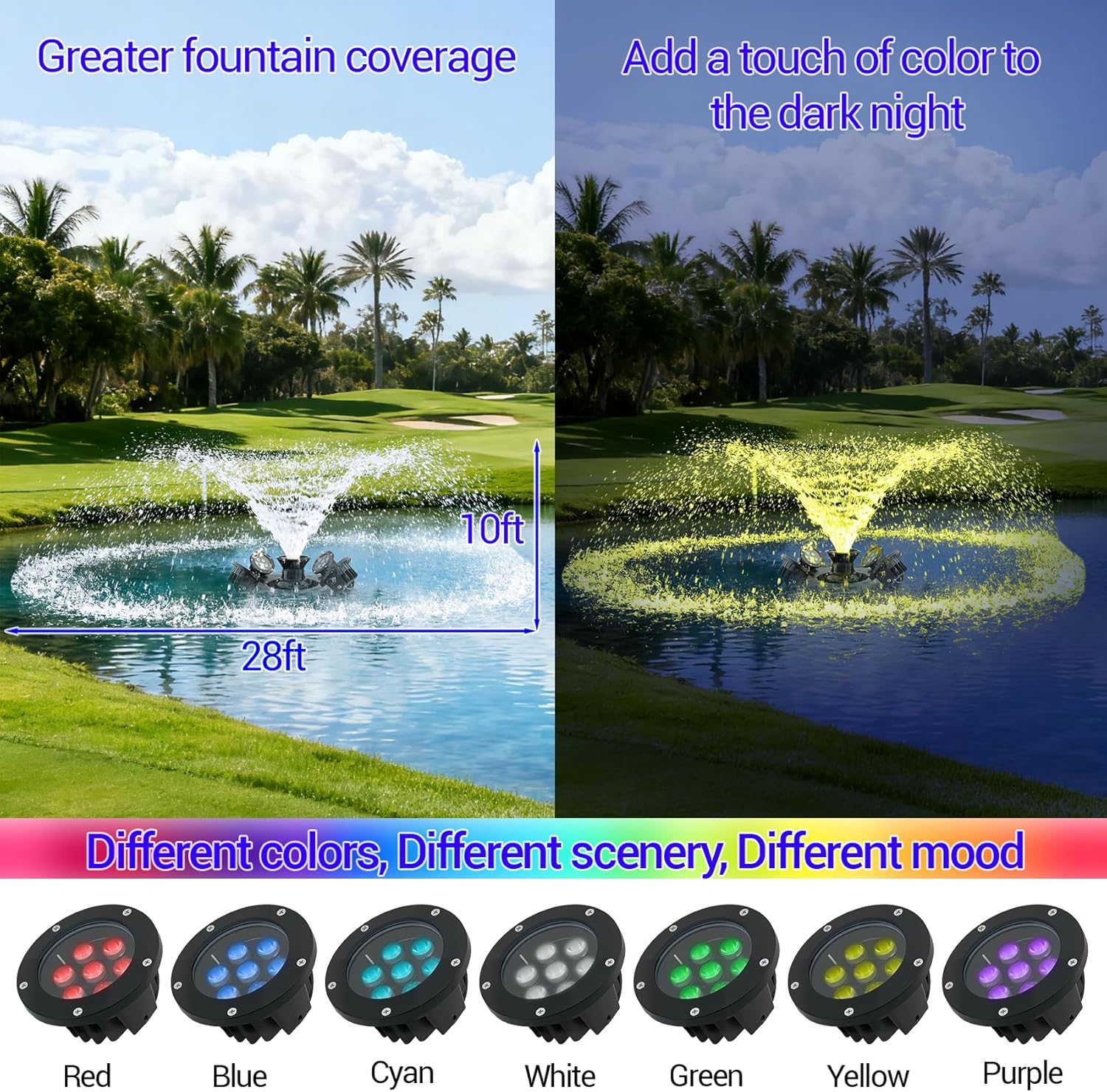 Pond Fountain Aerator with Light RGB LED, 1HP 750W Floating Fountain System for Outdoor Pond Lake, 110V 15000 GPH Fully Automatic Stainless Steel Fountain Pump with 4 LED Lights 100 Feet Power Cord