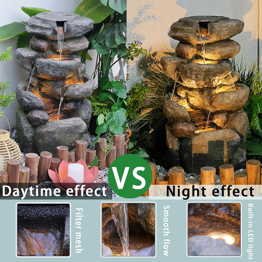 Garden Outdoor Fountains 4-Tier Rock Outdoor Water Fountain with Lights, 28.35" Waterfall Fountain for Garden, Patio, Yard, and Lawn, Natural Stone Look Water Features Outdoor Patio
