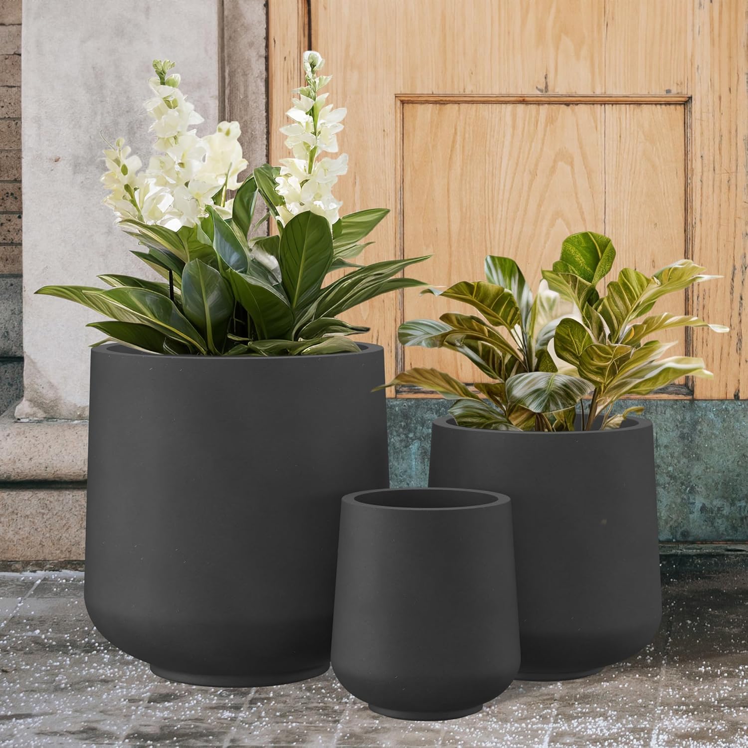 Kante 15.3"+11.6"+8.2" Dia Round Concrete Planter, Large Outdoor Indoor Planter Pots Containers with Drainage Holes and Rubber Plug for Home Garden Patio, Black