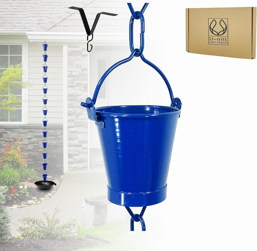 U-nitt Rain Chain Water Collection for Gutters, Rainwater Catcher & Diverter, 8.5 FT Chains for Outside Garden, Blue Bucket Cups, Roof Downspout, Works with Heavy Rain, w/Gutter Clip for Rainchains
