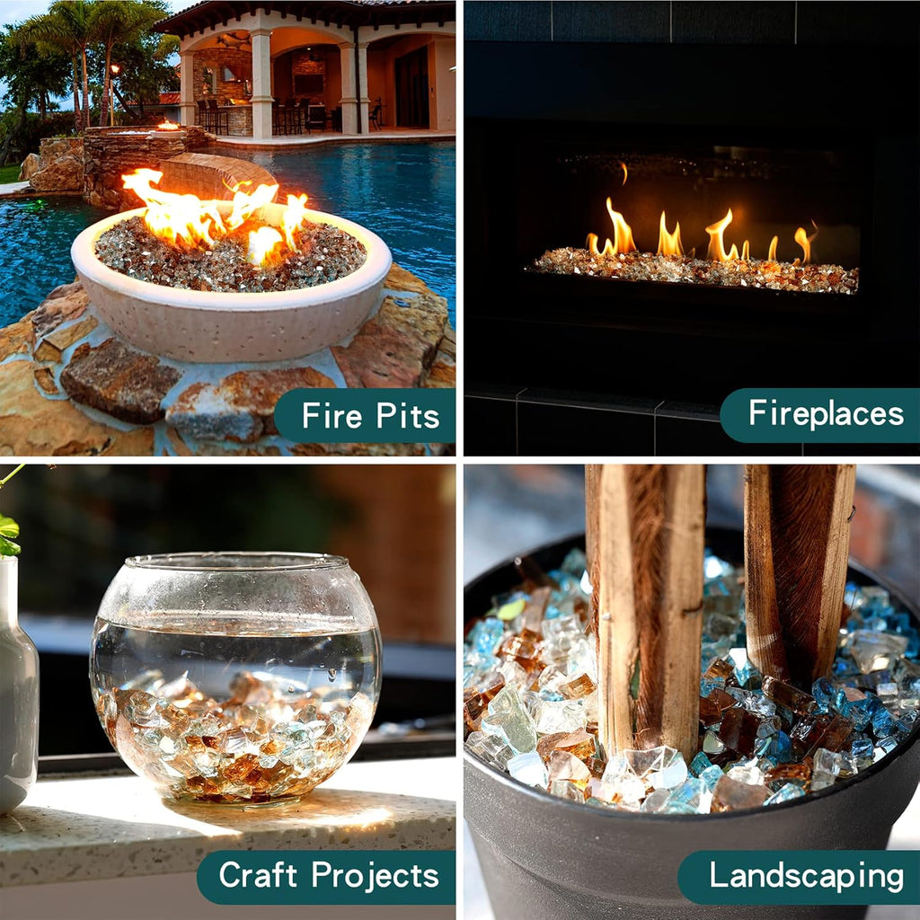 Mr. Fireglass Blended Reflective Fire Glass for Fire Pit Fireplace and Landscaping, 10 Pounds 1/4 Inch Mixed Colored High Luster Fireglass Rocks for Outdoor and Indoor Use Aqua Blue+Copper+Platinum