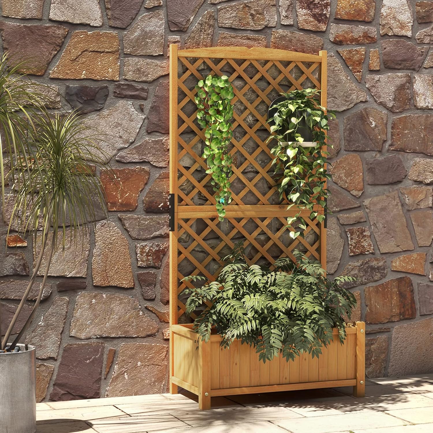 HAPPYGRILL Raised Garden Bed with Trellis, 71" Planter Raised Bed with Drainage Holes, Freestanding Garden Planter for Vine Climbing Plants, Wooden Planter Box for Yard Balcony(1, Yellow)