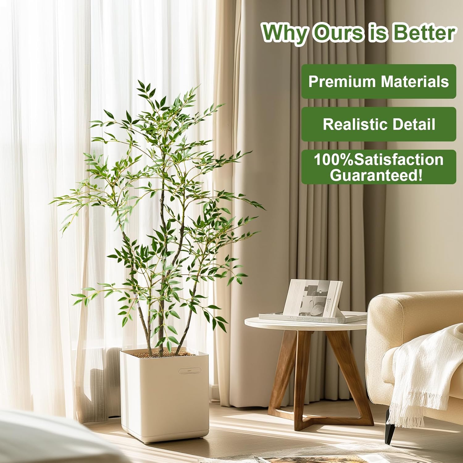 4.6ft Faux Bamboo Tree Artificial Nandina Tree Artificial Indoor Plants Realistic Fake Potted Tree with 800+ Leaves, Cement Planter - Home Office Decor Perfect for Housewarming Gift Non-Toxic