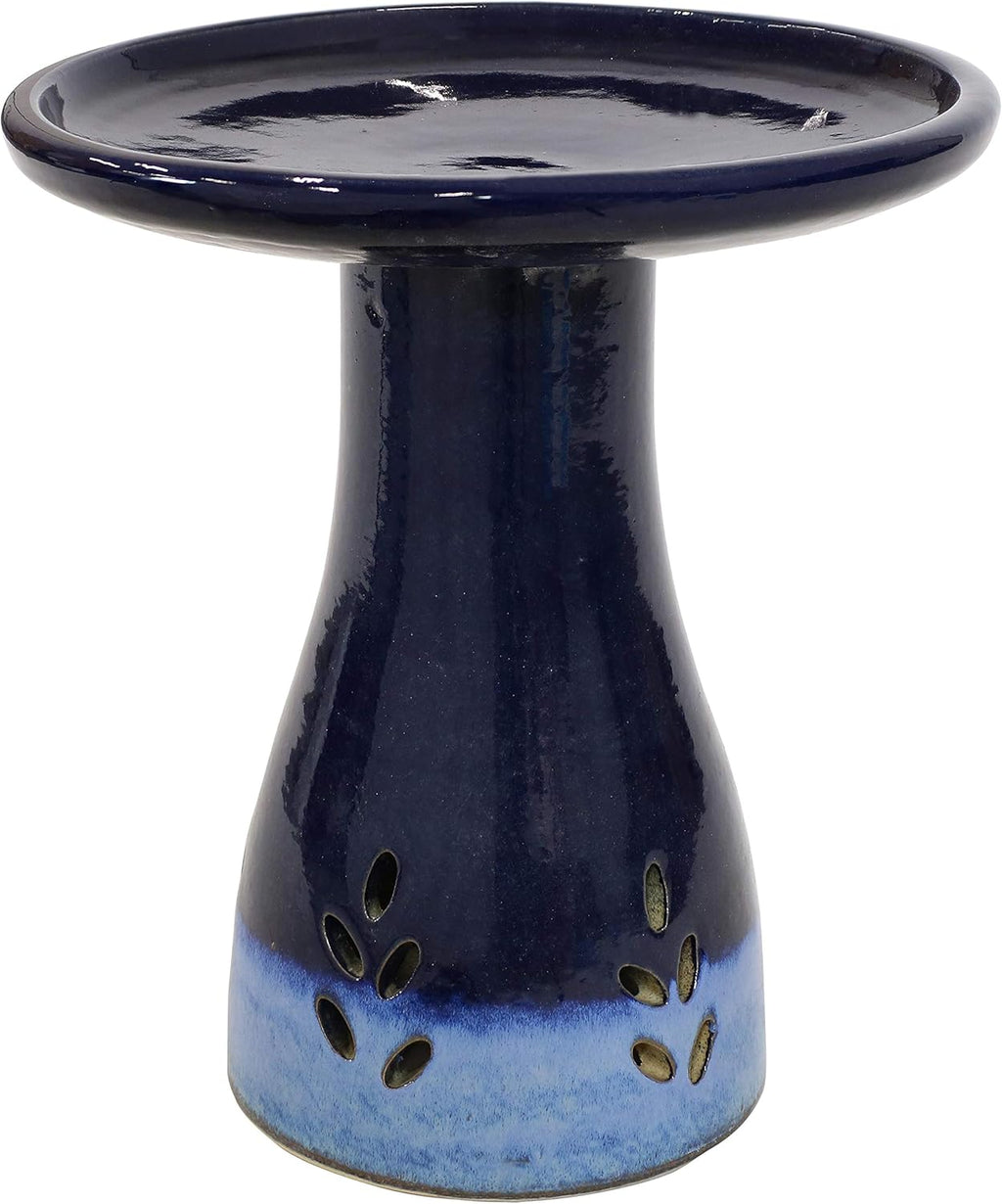 Sunnydaze 21" H Ceramic Bird Bath for Outside - Hand-Painted Outdoor Bird Bath Bowl, UV/Frost-Resistant Finish - Dark Blue - Cut Out Pedestal