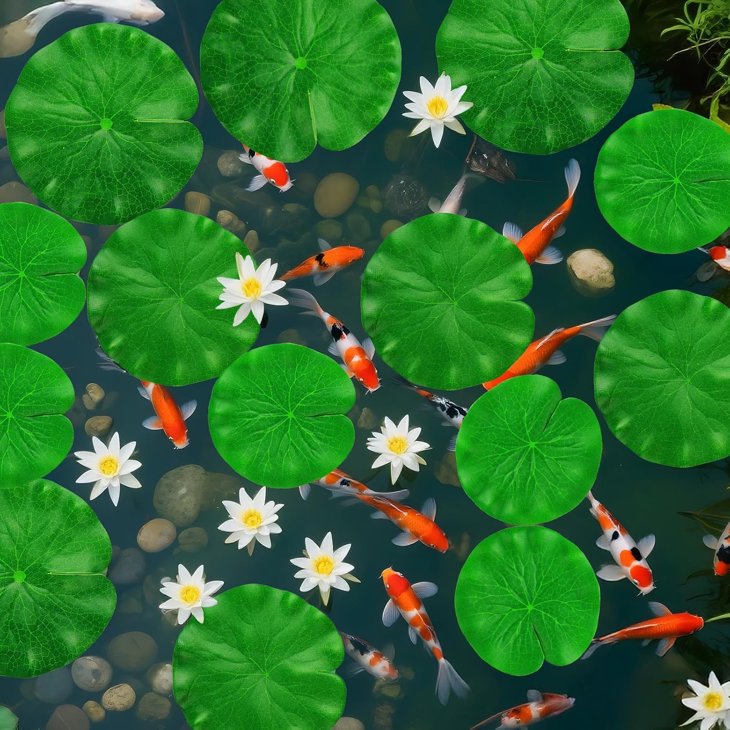 14PCS Artificial Fake Lily Pads, Realistic Water Floating Fake Lilying Pad for Pond, Artificial Floating Foam Lotus Leaves for Koi Fish, Water Lilys Pads Foliage Pond Decor for Pool (3 Size)