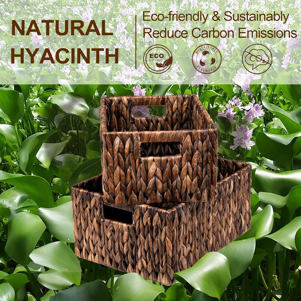 FairyHaus Wicker Basket with Handle 2Pack-15x11x7" & 13.4x9.5x6.5", Brown Water Hyacinth Wicker Baskets for Storage, Natural Hand Woven Baskets for Organizing