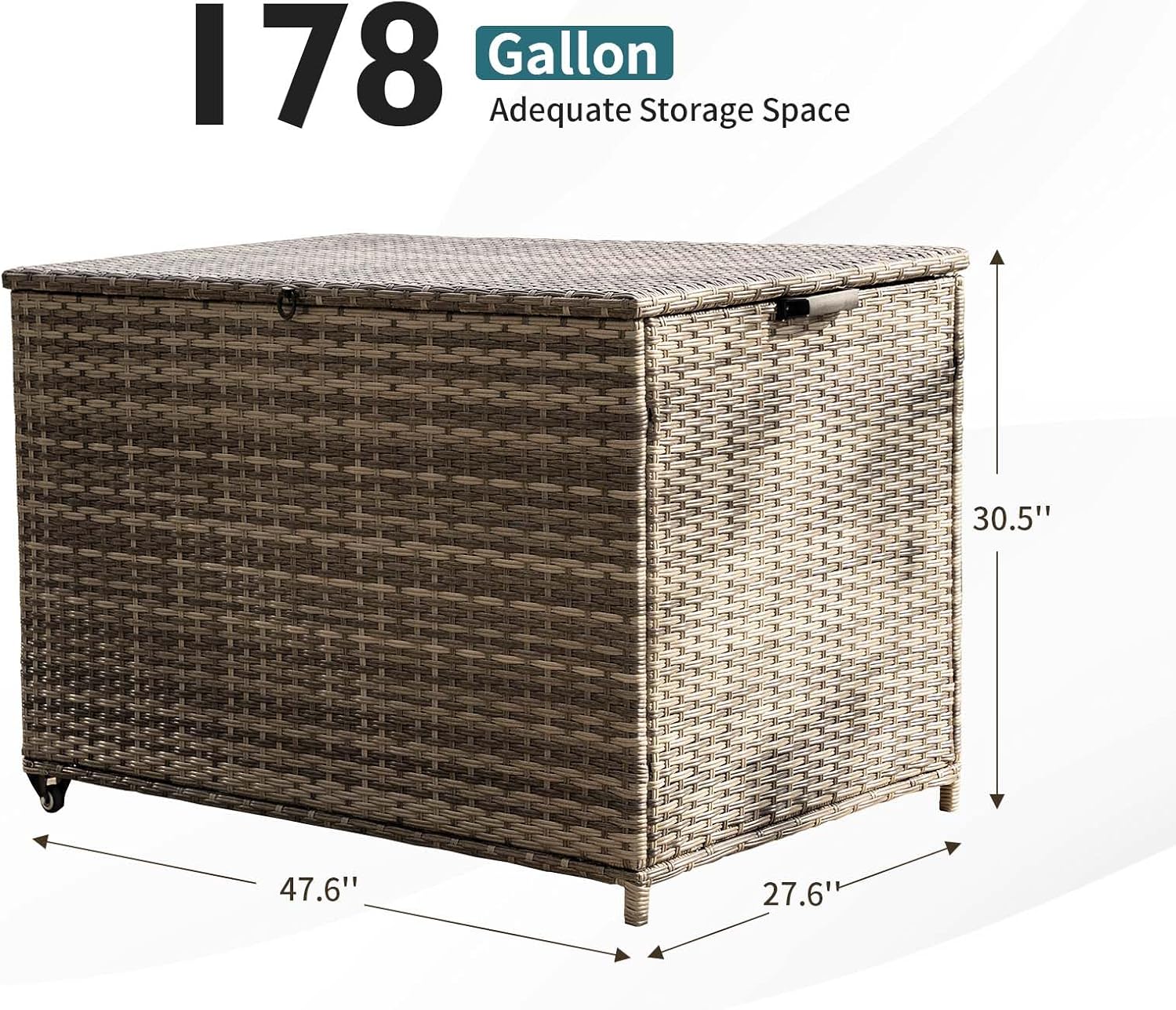 178 Gallon Outdoor Storage Box, Patio Deck Box with 2 Wheels, Handle Large Portable Wicker Rattan Deck Box for Patio Furniture Cushions, Throw Pillows, Garden Tools and Pool Floats (Gray)