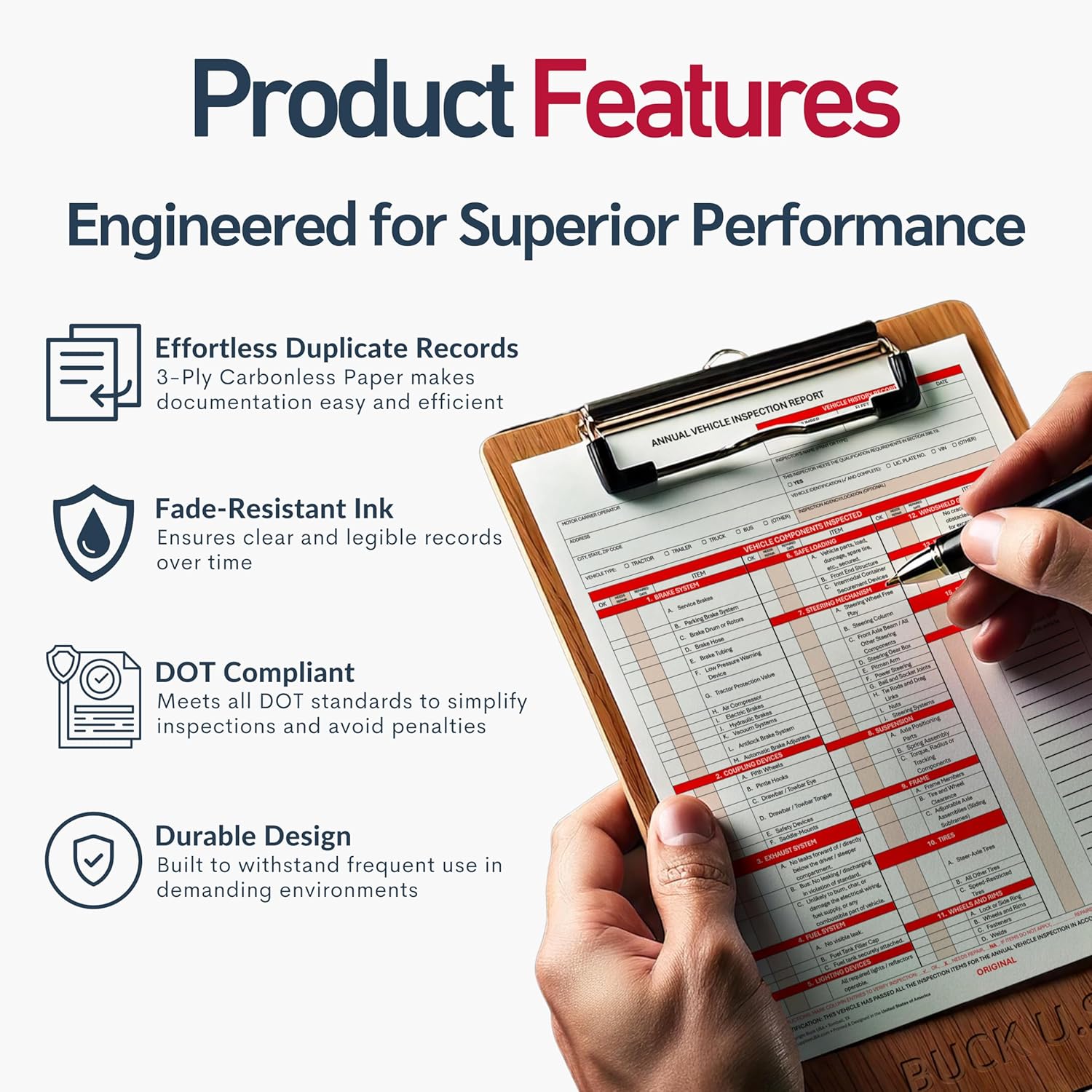 100 Pack 3-Ply Carbonless Annual Vehicle Inspection Report Forms with FMCSA 2-Ply Mylar Laminate Adhesive Vinyl Labels, DOT Inspection Forms and Stickers, Shrink-Wrapped, 8.5" x 11.75" - Made in USA
