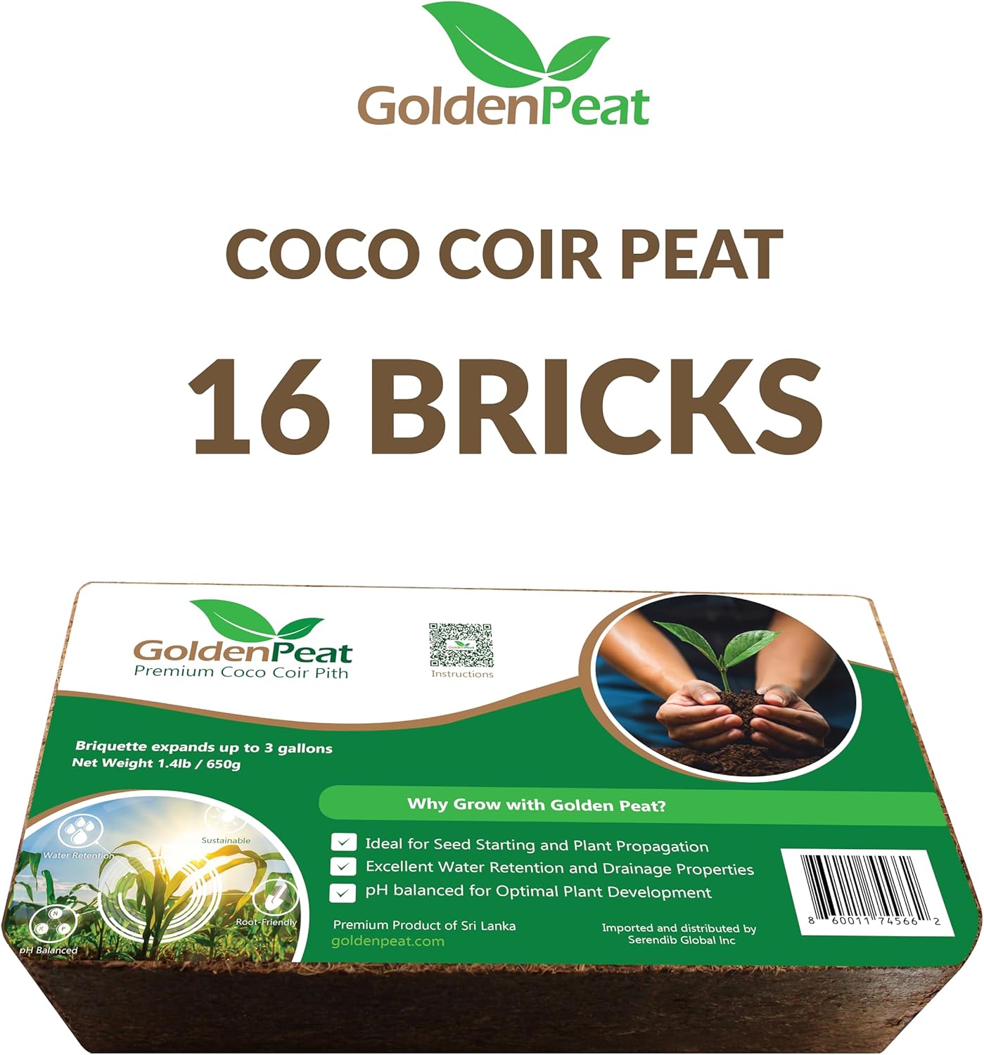 Organic Coconut Peat Bricks (650g X 16 Pack) – Low EC, Sustainable Growing Medium for Gardens, pots, and Seed Starters. Just add Water to Transform Each Brick into 8-10L of Fluffy Nutrient-Rich Coir
