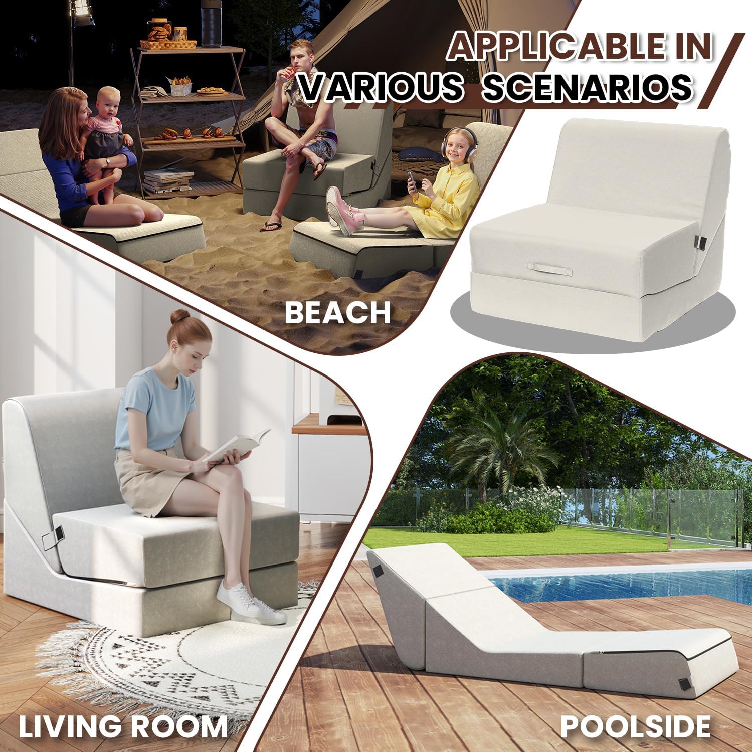 jela Outdoor Chaise Lounge, Waterproof Folding Sofa Bed Lounge Chair, UV Resistant Folding Lounge Chair with Machine Washable Cover, Soft Foam Patio Sofa Chairs Pool Lounge Chaise Chairs (Sand)